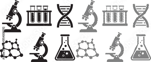 Iconic symbols representing various fields of scientific research and laboratory equipment
