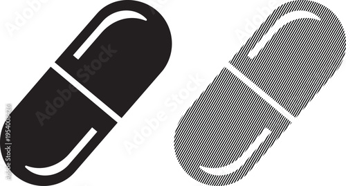 Contrasting black and patterned capsule pills side by side comparison