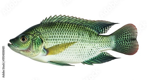 Green fish with white belly and yellow fin swimming left scales fins
