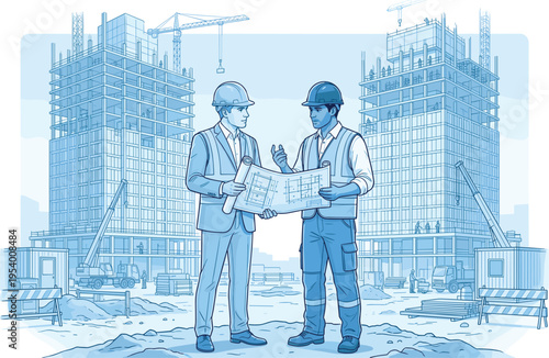Architect and engineer discussing blueprint on construction site with high rise building skyscrapers urban development project illustration