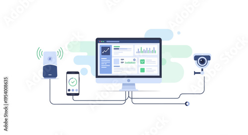IoT Smart Home Security Monitoring System Dashboard with Connected Devices Illustration