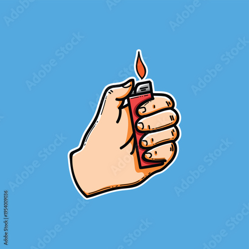 Hand Holding a Lit Lighter Cartoon Illustration With Flame Bright Minimal Background