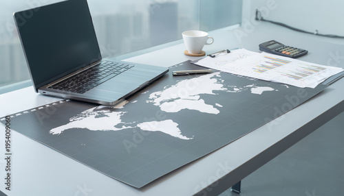 Elevated side view of a modern workspace with a world map desk mat, laptop, calculator, coffee, and financial charts; global business planning concept, professional office.