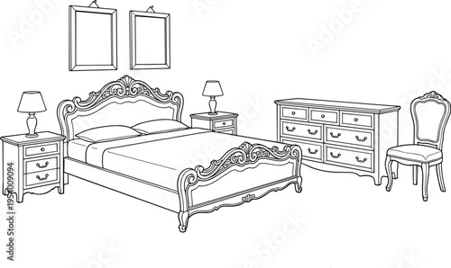 Classic vintage bedroom furniture set vector illustration with ornate baroque style bed frame nightstands dresser and chair