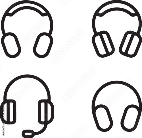 Set of black outline headphone and headset icons for audio listening and communication