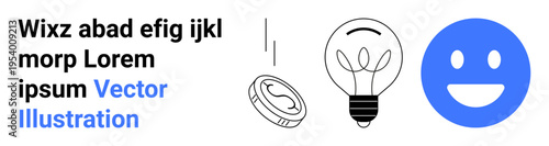 Creativity, finance concepts, positivity, innovation, ideas, business solutions. light bulb, coin happy face. Creativity and finance concepts in a clear and minimalist format