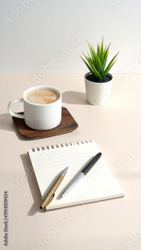 Top view of an elegant workspace with blank notebook, pens, coffee mug and plant on a cream-colored desk, soft light, productivity concept for planning and writing in a quiet environment.