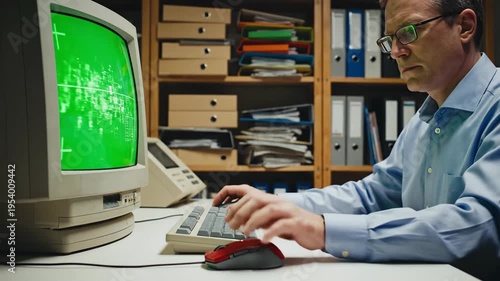 Person uses computer with green text on monitor display in dark room