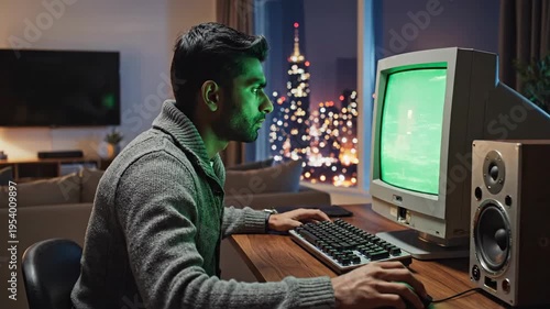 Person uses retro computer display with green screen in dimly lit room