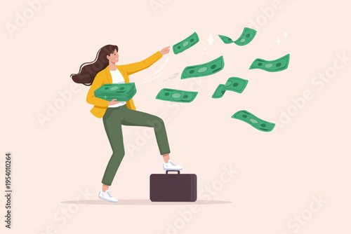 Happy woman with money flow