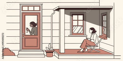 A woman in a red dress sits on the porch steps while a man in a suit stands in the doorway.