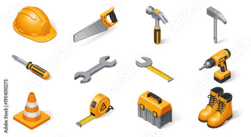 Construction Tools and Equipment Icon Set Featuring Hammer Drill Wrench Toolbox and Building Repair Concept