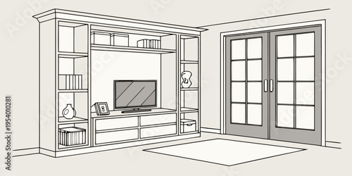 Modern living room with entertainment center and french doors