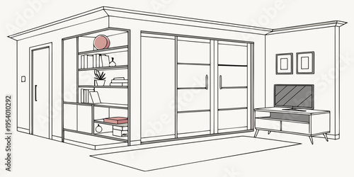 A well-organized small room with a bookshelf, cabinet, and a small sofa
