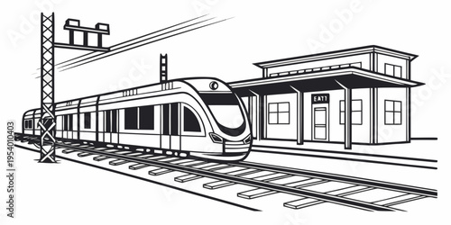 A vintage train station with a locomotive and passenger cars on the tracks