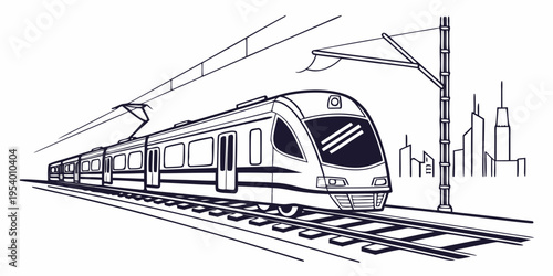 A sleek modern train traveling through a cityscape with a bridge in the background