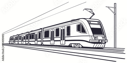 Modern train traveling on elevated tracks with passengers inside