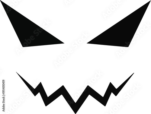 A stylized illustration of a spooky face with sharp teeth and eyes