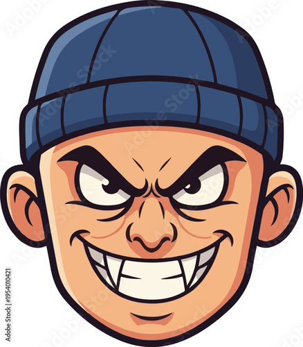 A cartoon illustration of an angry man with a blue beanie