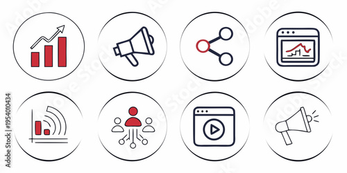 A collection of icons representing various business and marketing activities