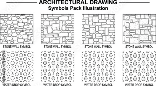 Collection of architectural drawing symbols featuring various stone wall textures and water drop patterns for technical floor plans.