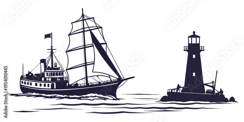 A majestic sailboat and a lighthouse stand tall against the waves in a serene seascape.