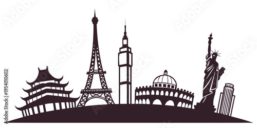 Iconic landmarks from around the world depicted in a striking black and white silhouette