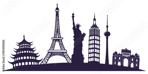 Iconic landmarks from around the world depicted in a minimalist silhouette style.