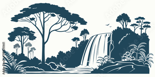 A serene landscape featuring a waterfall cascading down a rocky cliff surrounded by lush trees