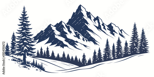 Majestic mountain range with snow-capped peaks and dense forest below.