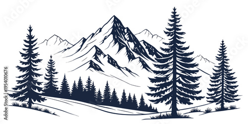 Majestic mountain landscape with dense forest and snow-capped peaks