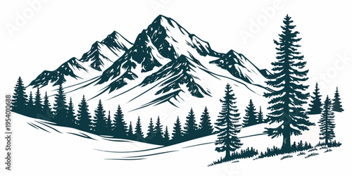 Majestic mountain landscape with snow capped peaks and dense forest.
