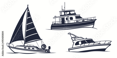 Three different types of boats illustrated in a simple black and white line drawing