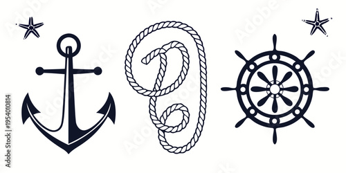Three nautical symbols: an anchor, a rope, and a ship's wheel.
