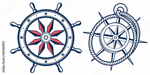 Two distinct nautical steering wheels with intricate designs and vibrant colors