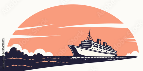 A large cruise ship sailing on the calm ocean at sunset with a beautiful sky.