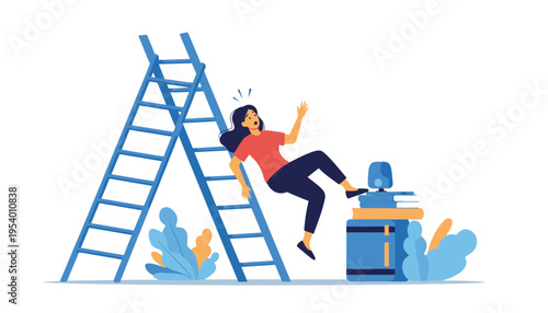 A woman falling off a ladder with books and plants around her