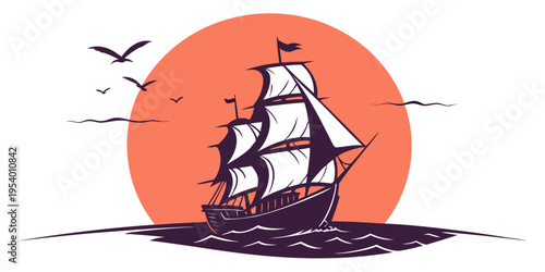 A majestic sailing ship with three masts and billowing sails on a calm sea at sunset