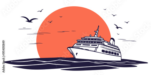 A large cruise ship sailing on the ocean at sunset with birds flying overhead.