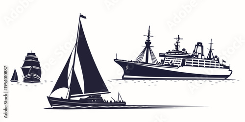 Three different types of ships sailing on a calm sea