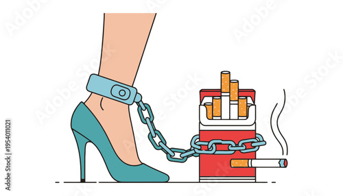 A woman's high heel shoe chained to a pack of cigarettes