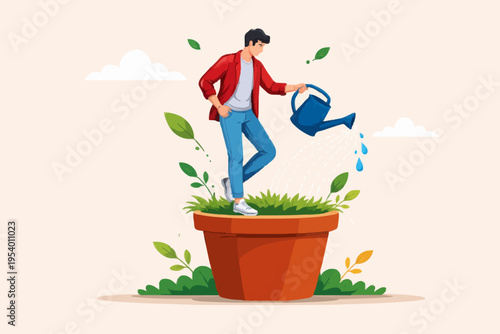 Man Watering Plant Growth