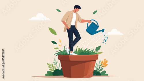Man Watering Plant Growth