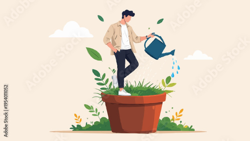 Man Watering Plant Indoors