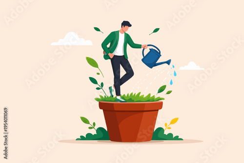 Man Watering Plant Growth