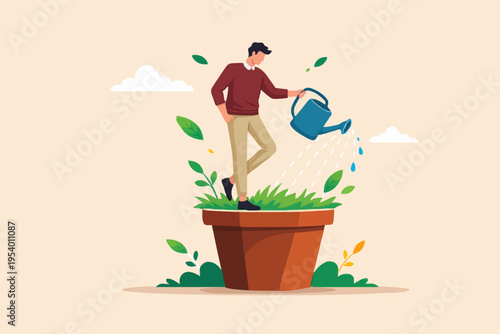 Man Watering Plant Growth