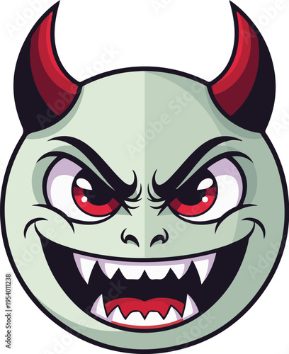 A cartoonish green devil face with red eyes and sharp teeth