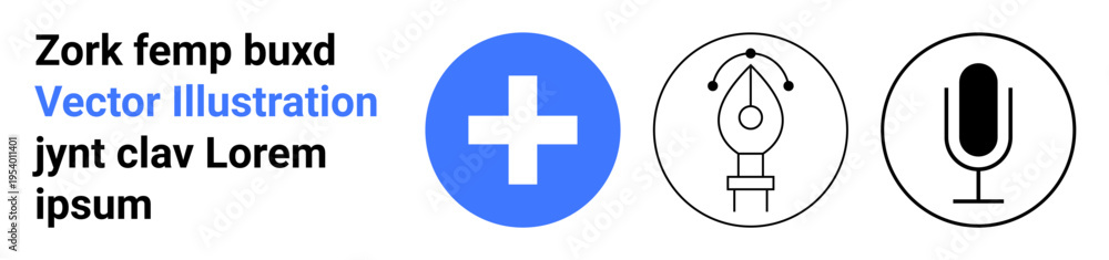 Fototapeta premium Healthcare, graphic design, media, communication, creativity, technology. A blue medical cross, a black pen tool icon and a microphone symbol. Healthcare and graphic design concepts