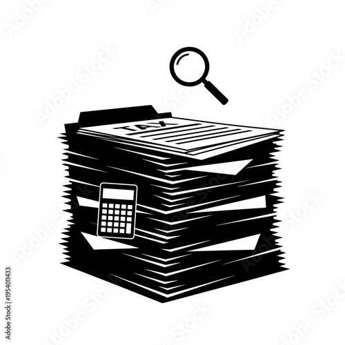 Minimalist Black and White Vector Illustration of Tax Documents Stack with Calculator and Magnifying Glass for Business