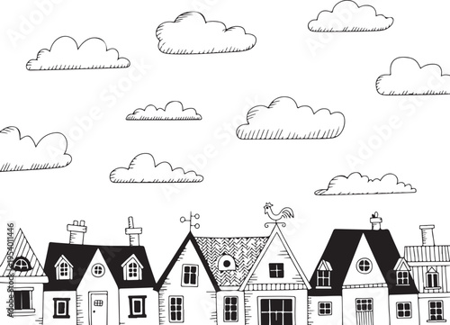 town hand drawn townscape of row houses with rooster weathercock